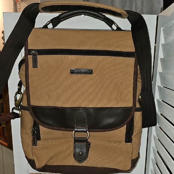 Eddie Bauer Brown Canvas Backpack with Leather Accents - Picture 6 of 7
